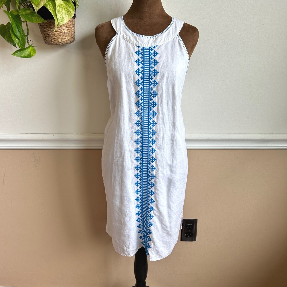 Lucky Brand Womens White Blue Embroidered Linen‎ Blend Sleeveless Shift Dress M